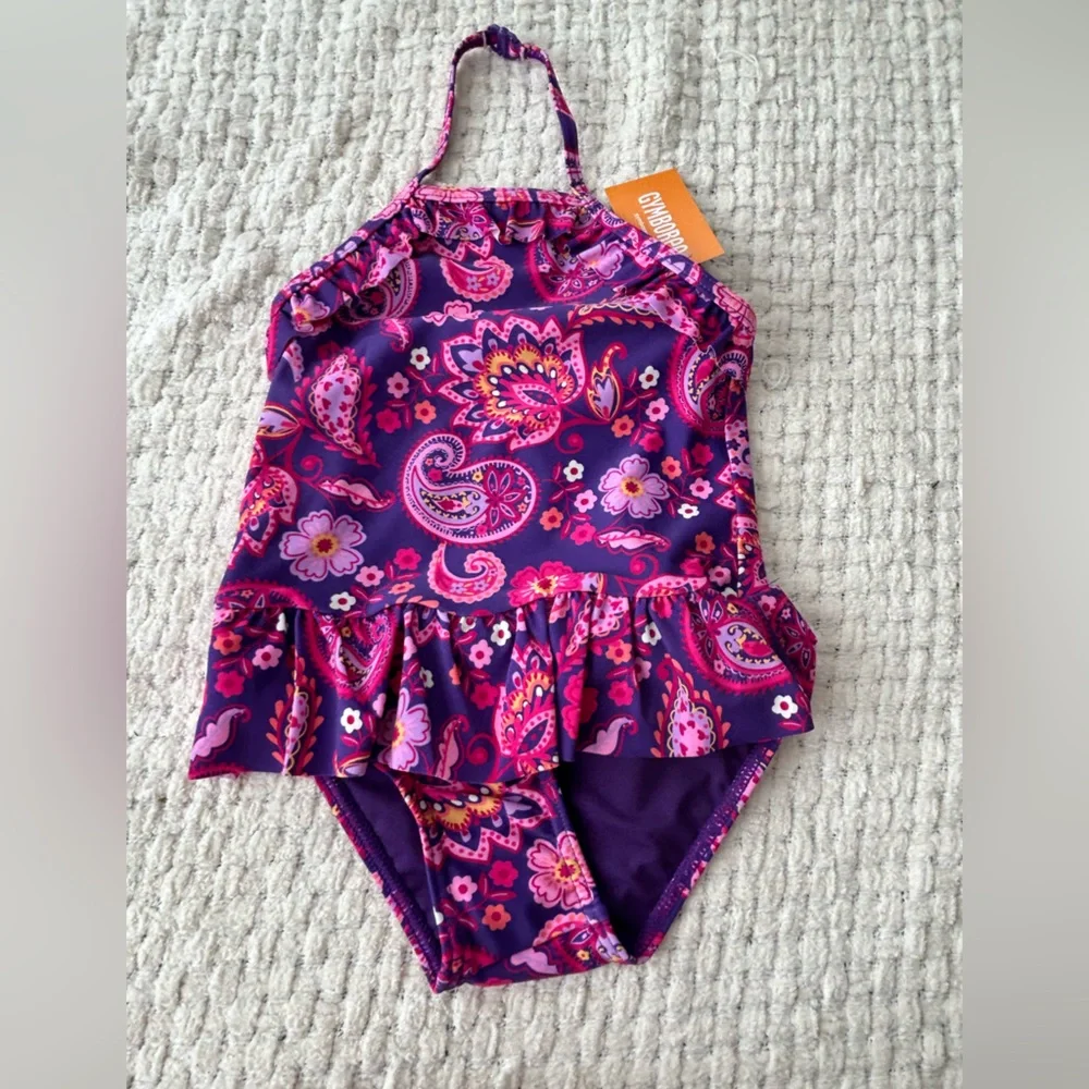 NWT Gymboree purple paisley one piece swimsuit. SPF 50+ ruffle top and bttm. 3T
